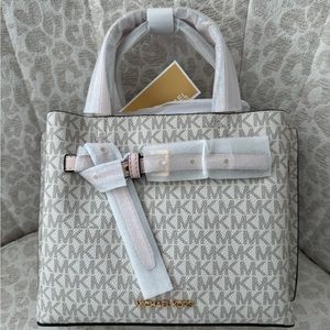Michael Kors Emilia Small Sachel: MK logo print, blush trims & gold accents.